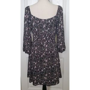 New Women's As U Wish Black Floral Print Dress Size Large 3/4 Length Sleeve
